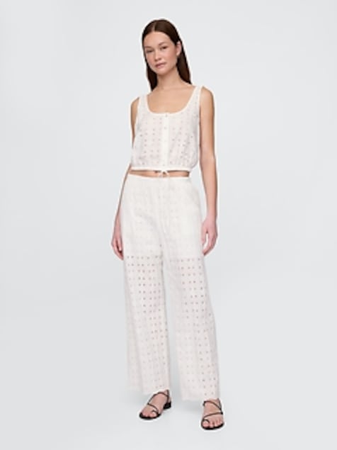 Mid Rise Eyelet Easy Wide-Leg Pants