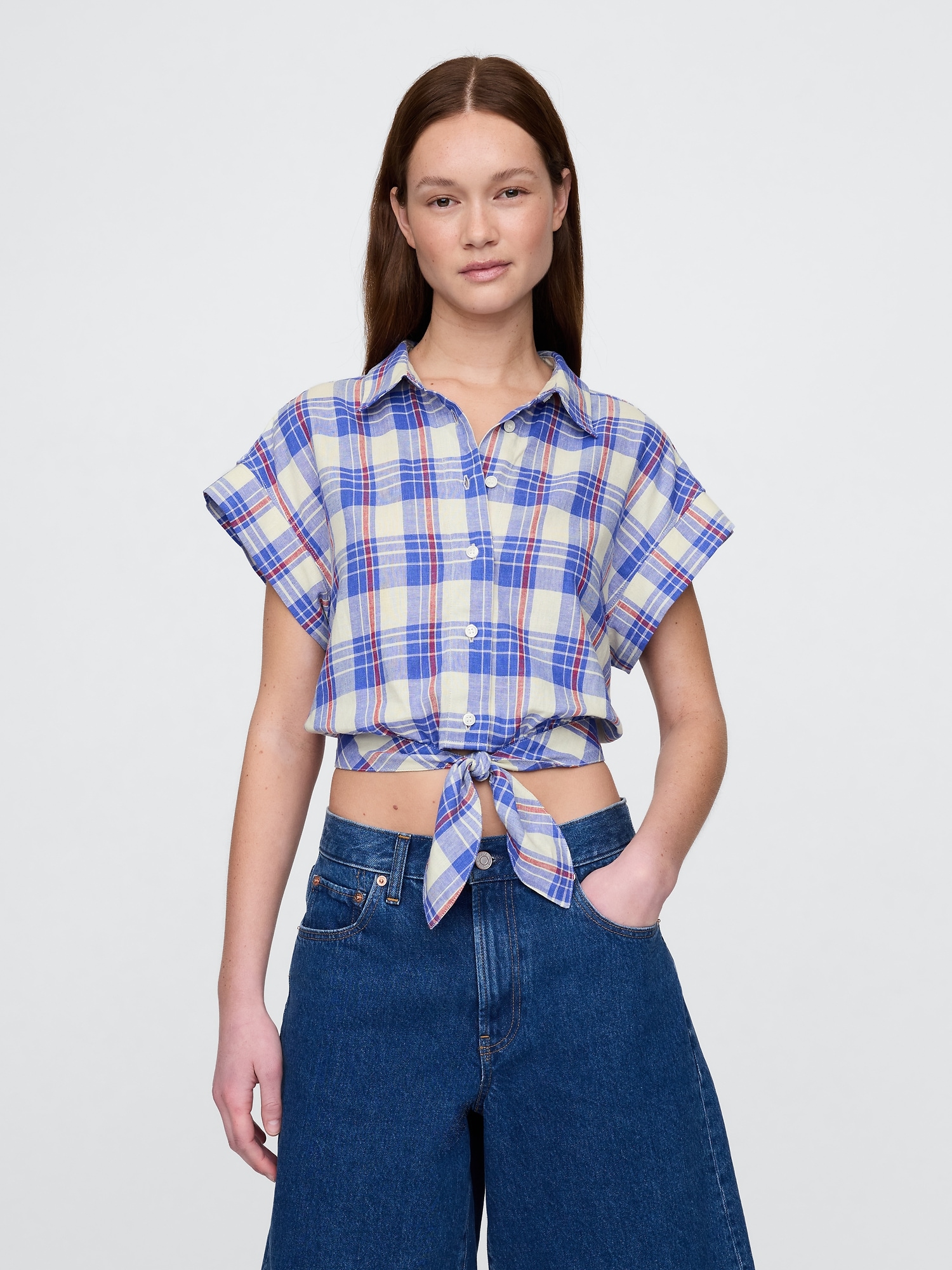 Linen-Blend Cropped Tie-Front Shirt