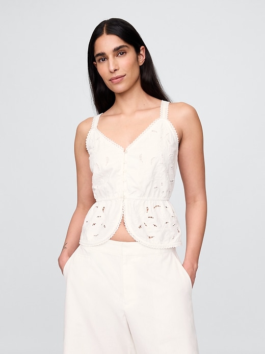 Image number 1 showing, Linen-Blend Eyelet Peplum Top
