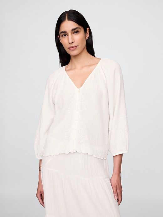 Image number 1 showing, Cotton Gauze Embroidered V-Neck Top