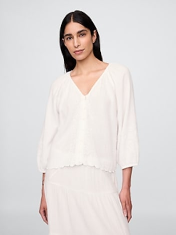 Cotton Gauze Embroidered V-Neck Top
