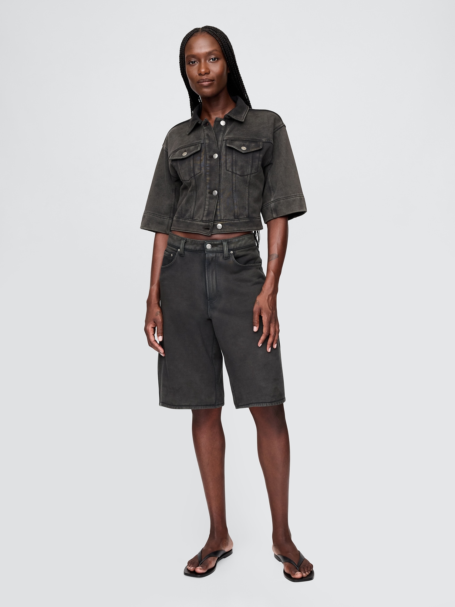 11" Mid Rise French Terry Denim Longline Shorts
