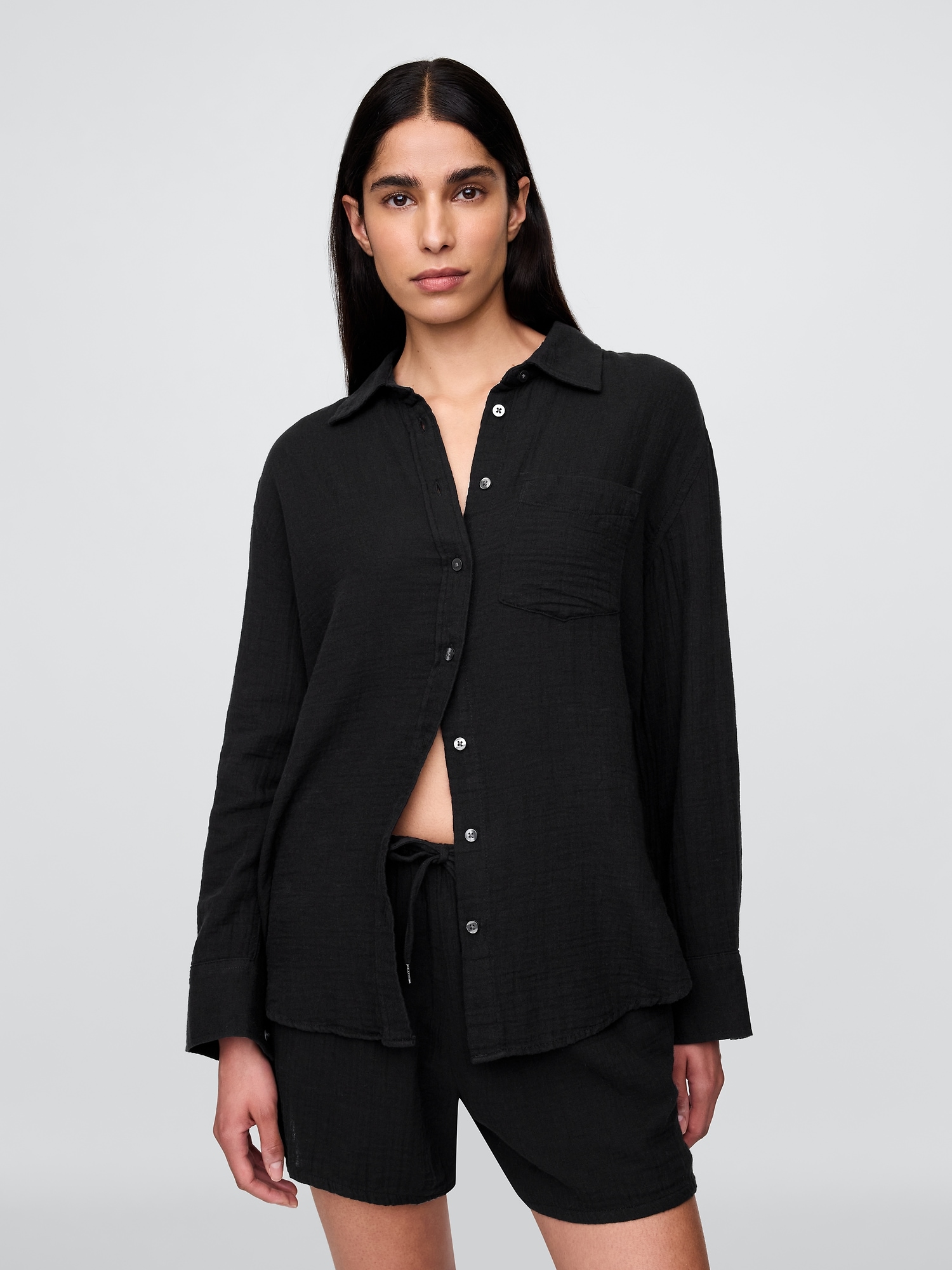 Crinkle Gauze Button-Down Shirt