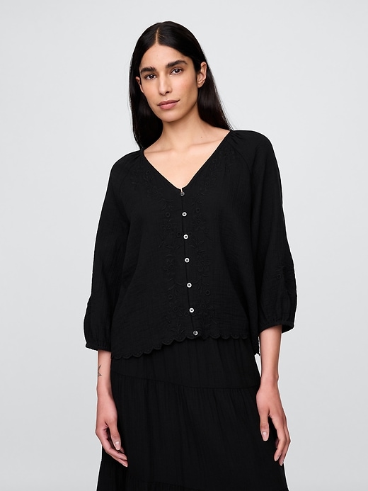 Image number 1 showing, Cotton Gauze Embroidered V-Neck Top