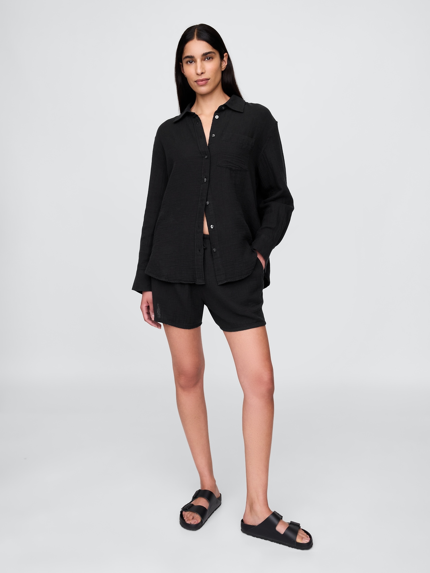 Женская рубашка Gap Cotton Gauze Button-Down, цвет: Насыщенный чёрный — фото 2