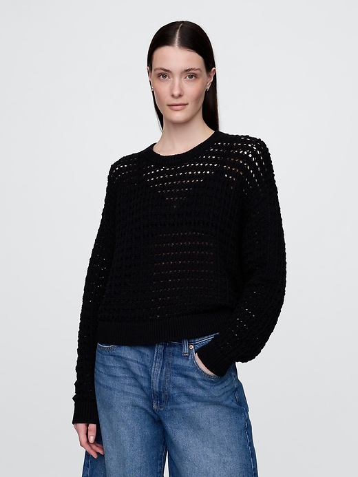 Image number 1 showing, 100% Cotton Crochet Crewneck Sweater