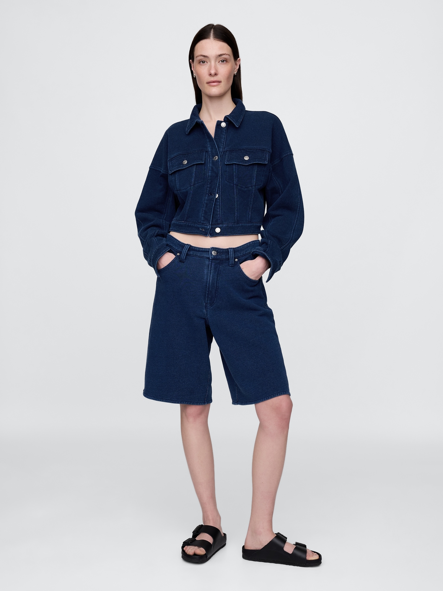 11" Mid Rise French Terry Denim Longline Shorts