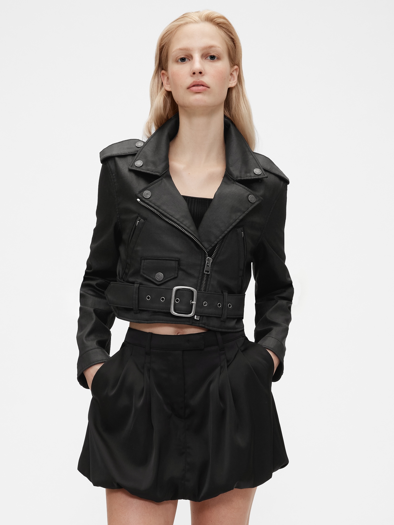 GapStudio Coated Denim Cropped Moto Jacket
