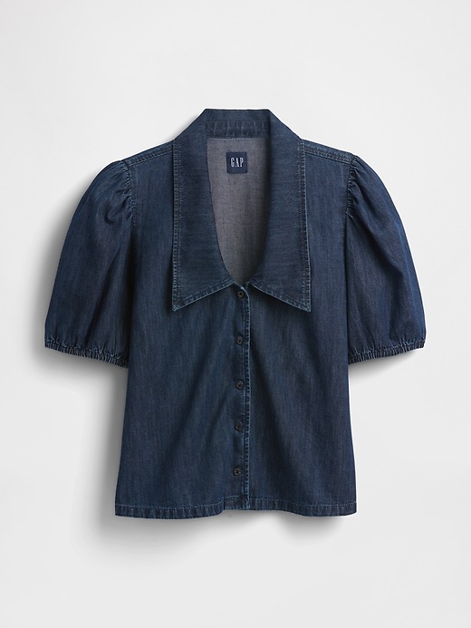 Denim Puff-Sleeve Collared Shirt