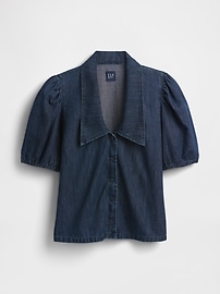 Denim Puff-Sleeve Collared Shirt
