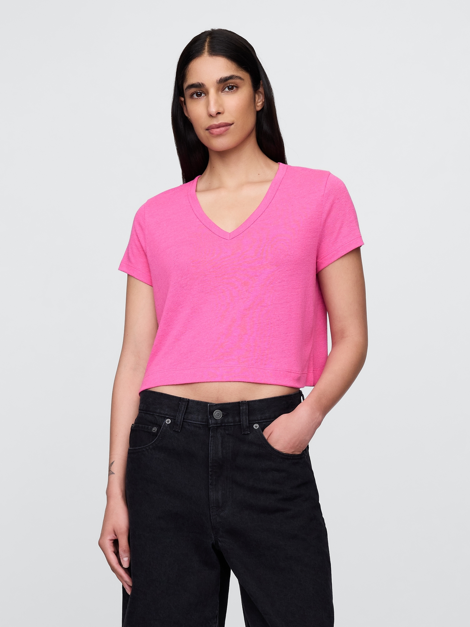 Linen-Blend Cropped V-Neck T-Shirt