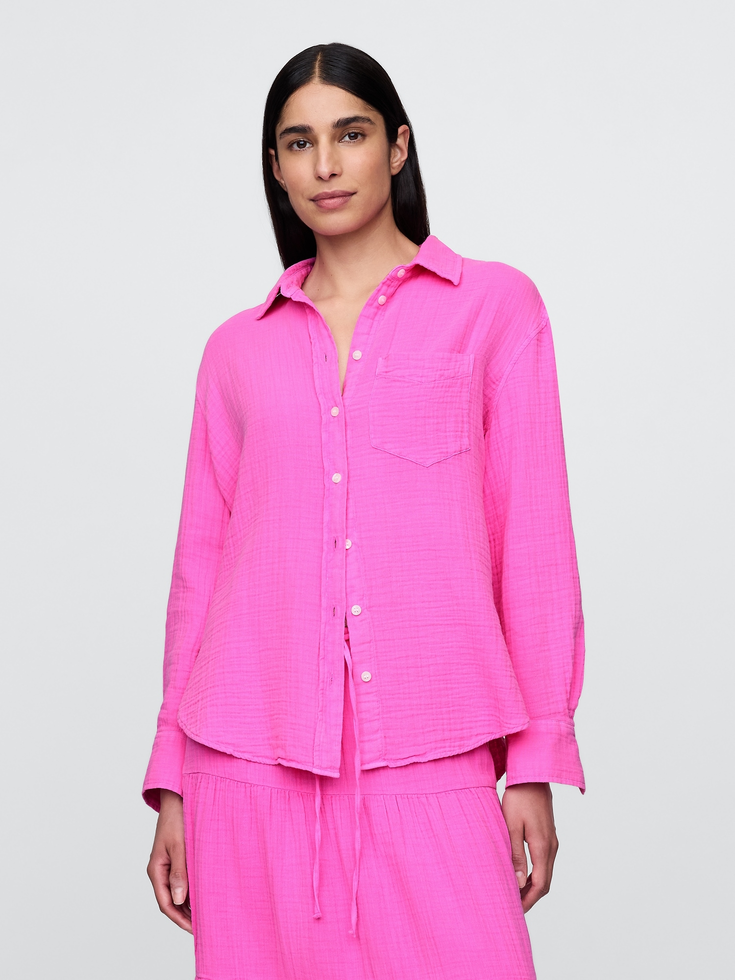 Crinkle Gauze Button-Down Shirt