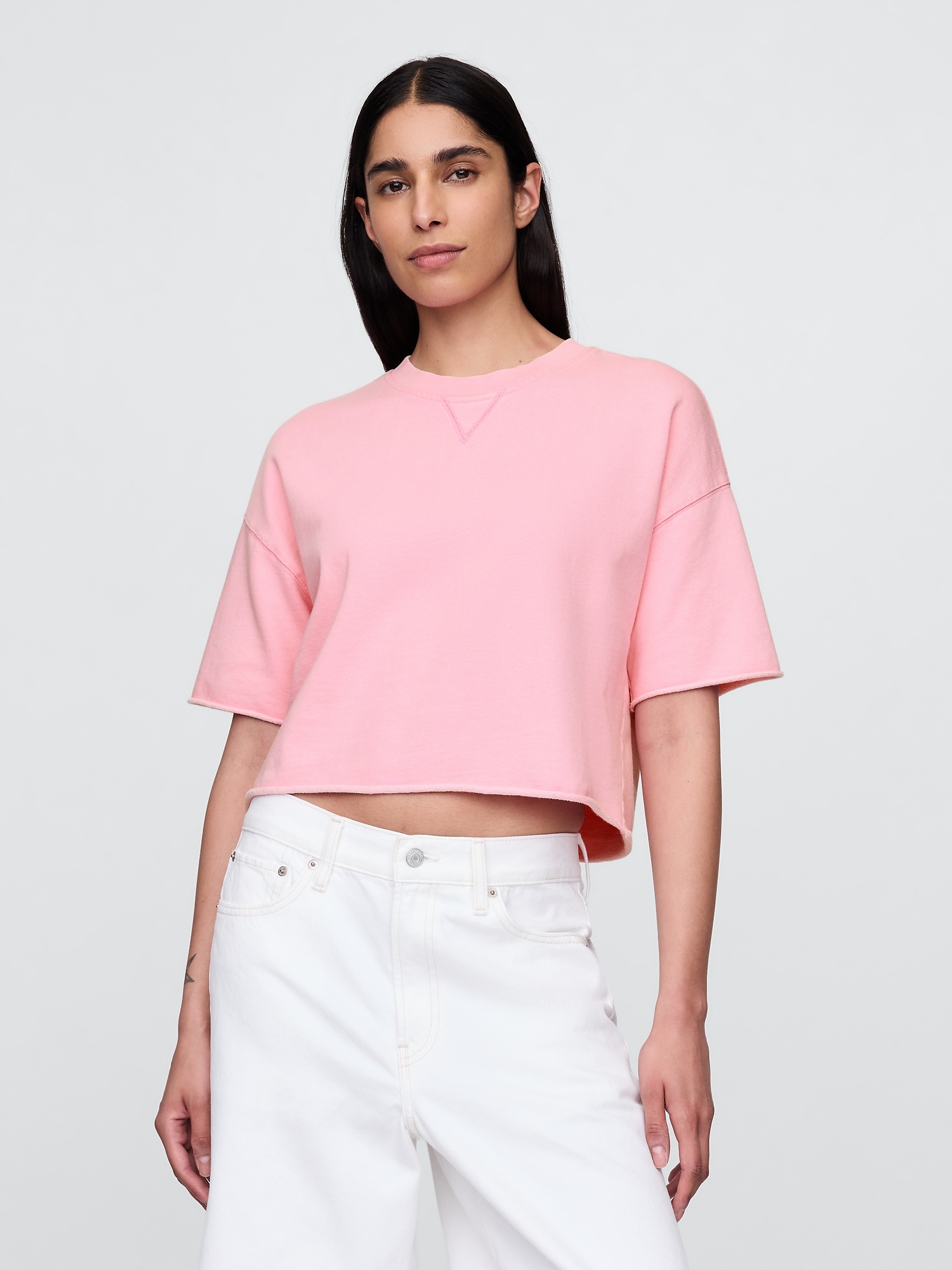 French Terry Cropped Rolled Hem Sweatshirt