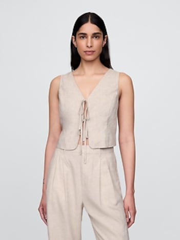 Linen-Blend Cropped Tie-Front Vest