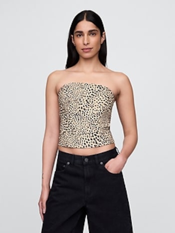 Linen-Blend Strapless Corset Crop Top
