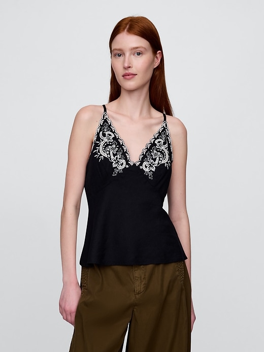 Image number 1 showing, Linen-Blend Embroidered Halter Top