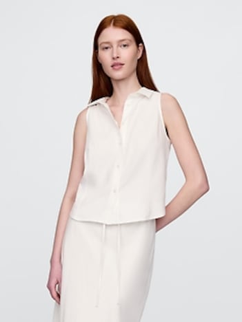 Linen-Blend Sleeveless Button-Front Shirt