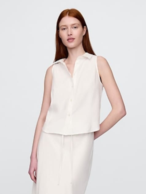 Linen-Blend Sleeveless Button-Front Shirt