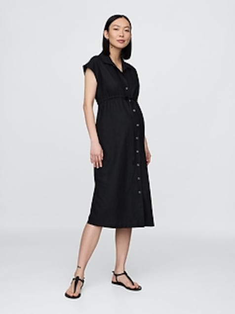 Maternity Linen-Blend Midi Shirtdress