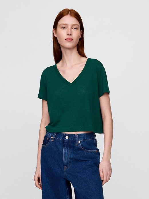 Image number 1 showing, Linen-Blend Cropped V-Neck T-Shirt