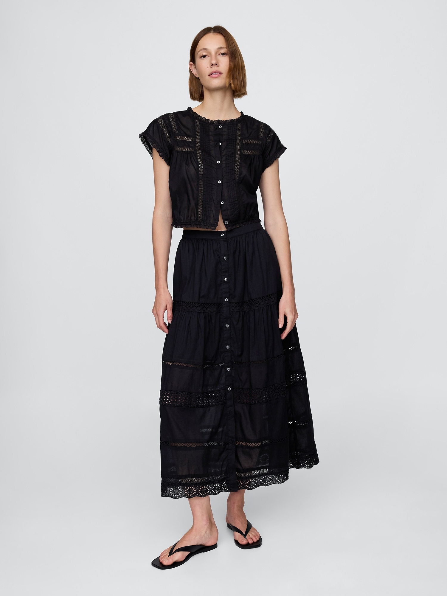 Tiered Lace-Trim Maxi Skirt