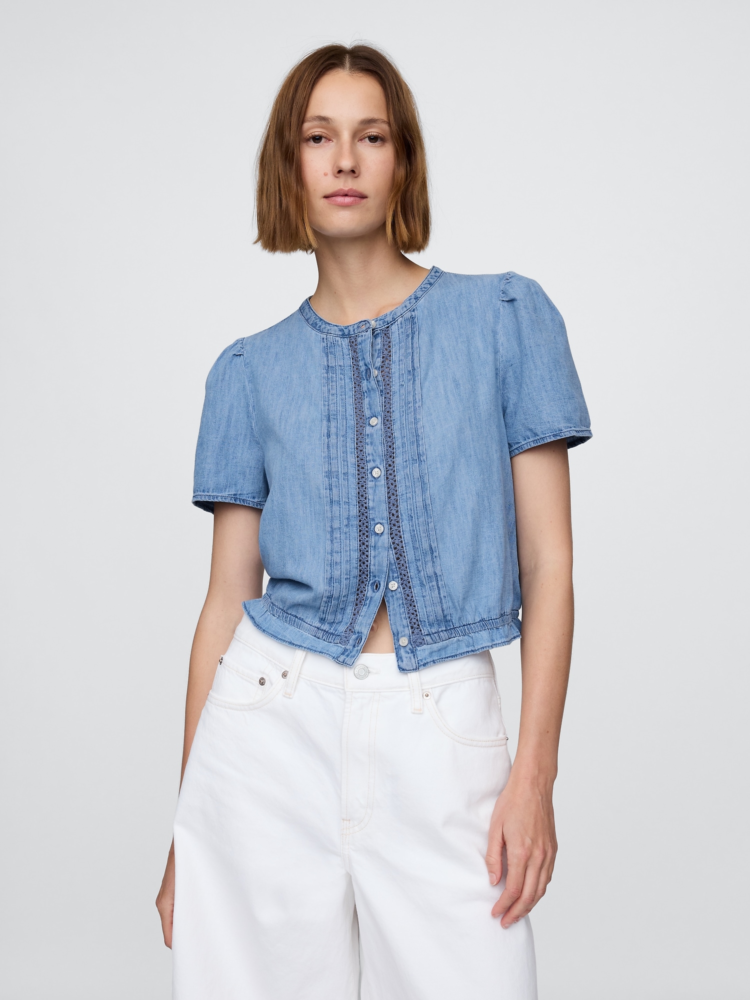 Lace-Trim Cropped Denim Top