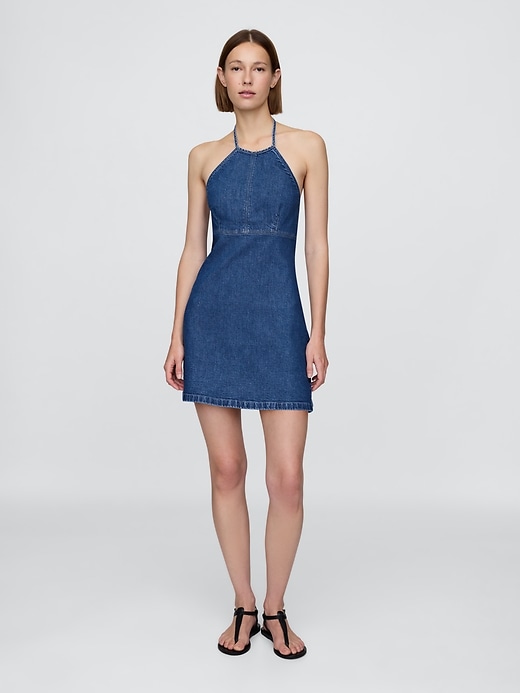 Image number 1 showing, Denim Halter Mini Dress