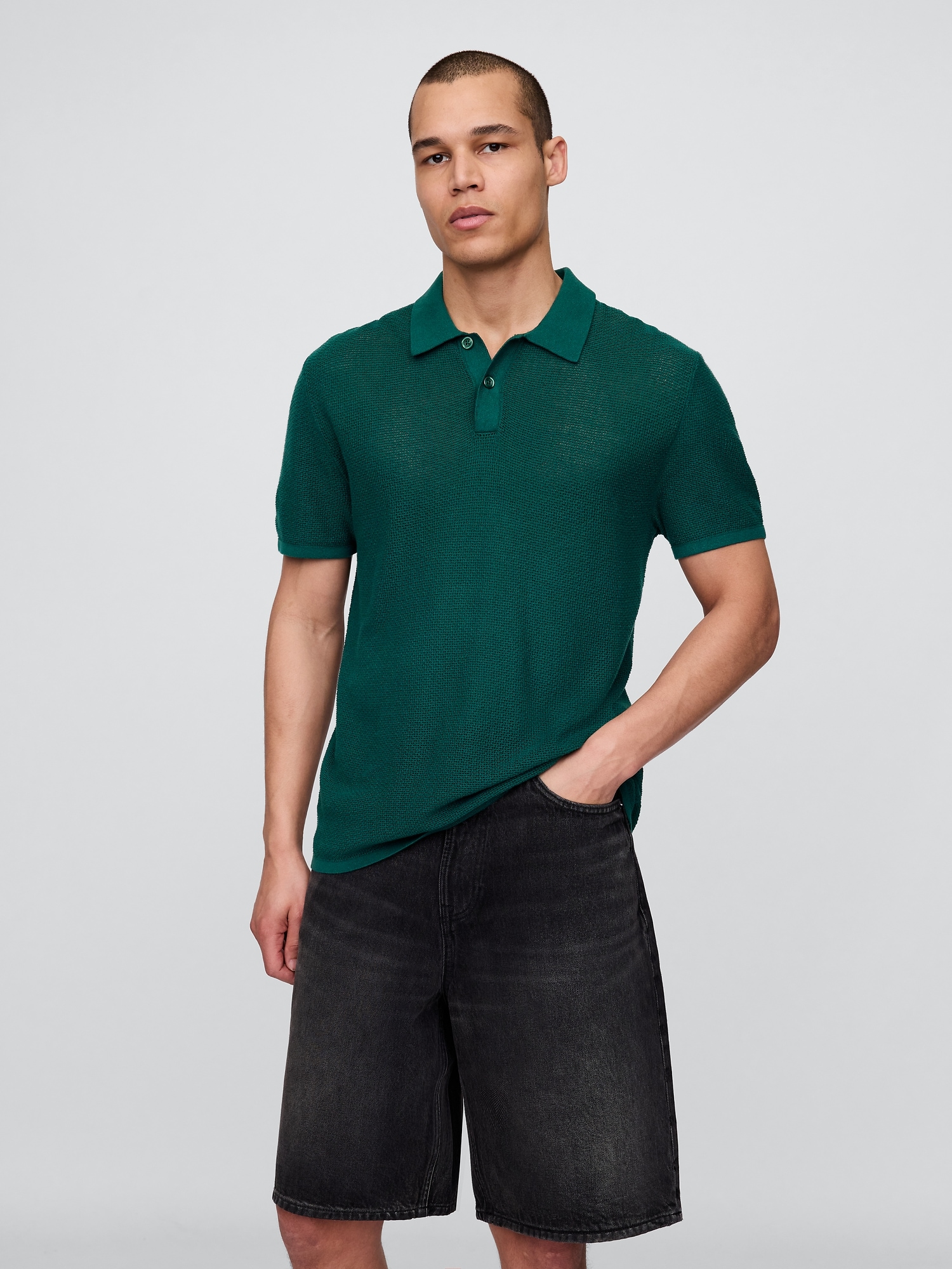 Textured Crochet Polo Shirt