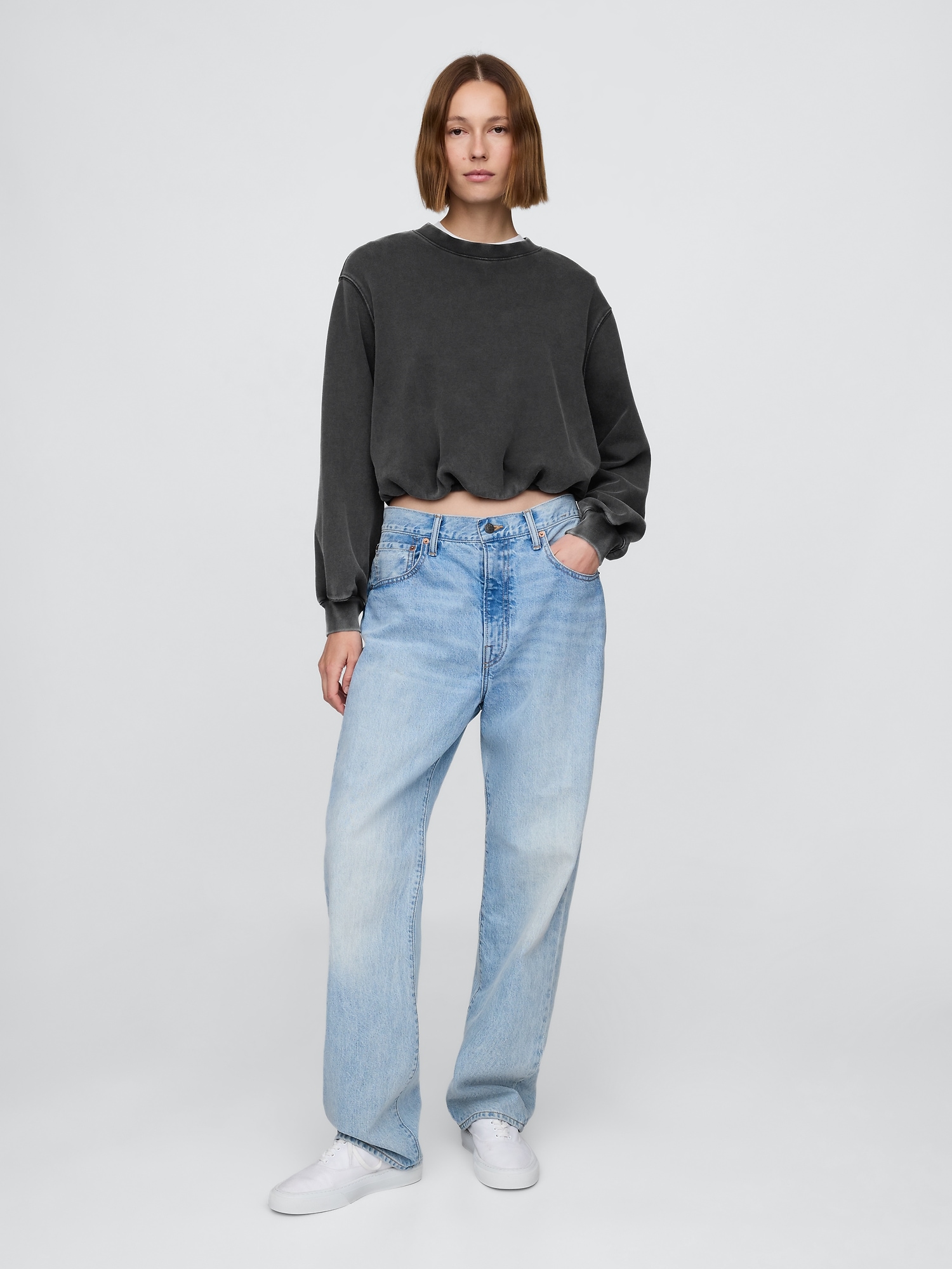 Gap Heavyweight French Terry Bubble-hem Sweatshirt In Black Wash