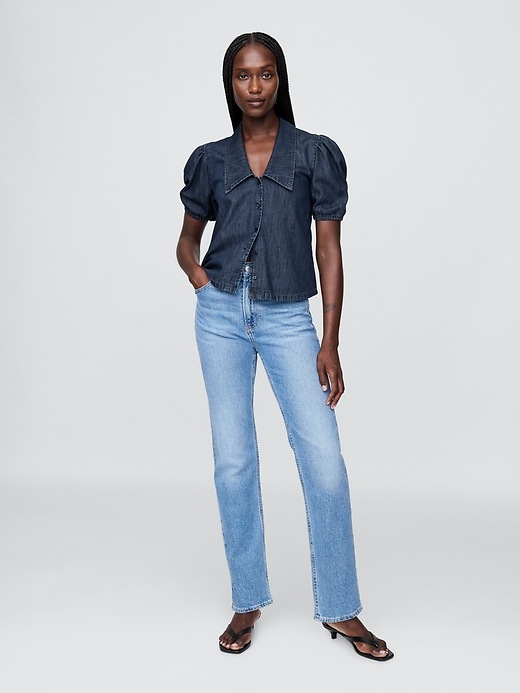 Denim Puff-Sleeve Collared Shirt