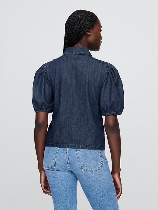 Denim Puff-Sleeve Collared Shirt