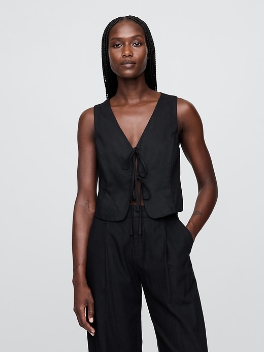 Image number 1 showing, Linen-Blend Cropped Tie-Front Vest