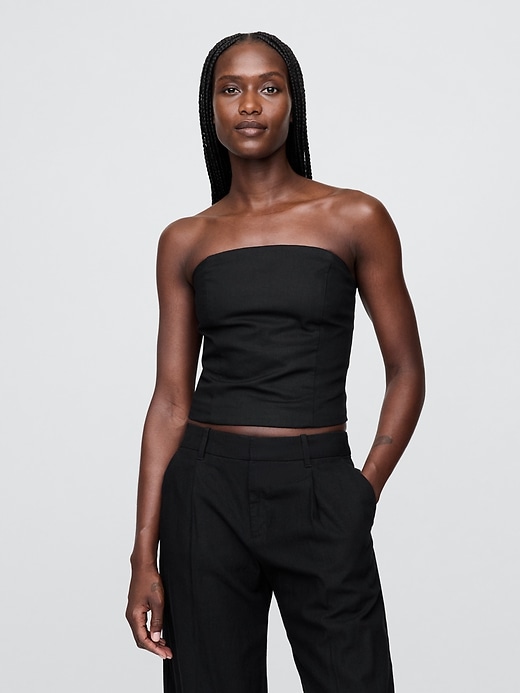 Image number 1 showing, Linen-Blend Strapless Cropped Corset Top