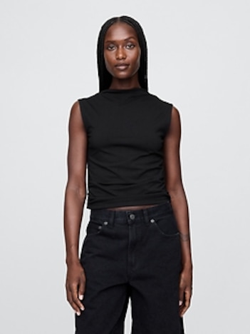 Modern Funnel-Neck Ruched Cropped Tank Top