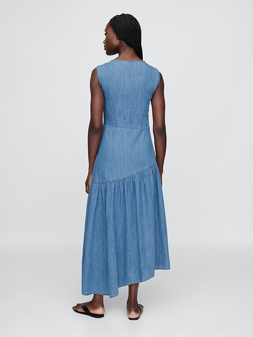 2 of 8 showing, with the color Medium wash of product Denim Asymmetrical Midi Dress
