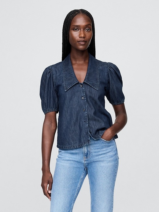 Denim Puff-Sleeve Collared Shirt