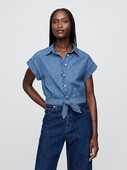Image number 1 showing, UltraSoft Denim Cropped Tie-Front Shirt