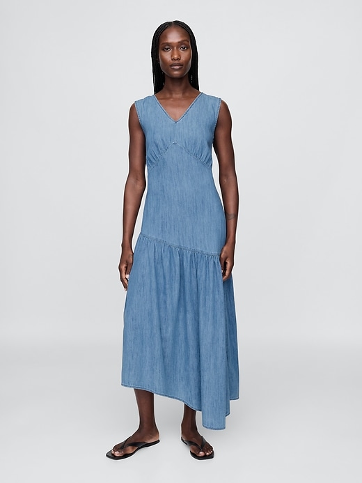 1 of 8 showing, with the color Medium wash of product Denim Asymmetrical Midi Dress