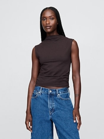 Modern Funnel-Neck Ruched Cropped Tank Top