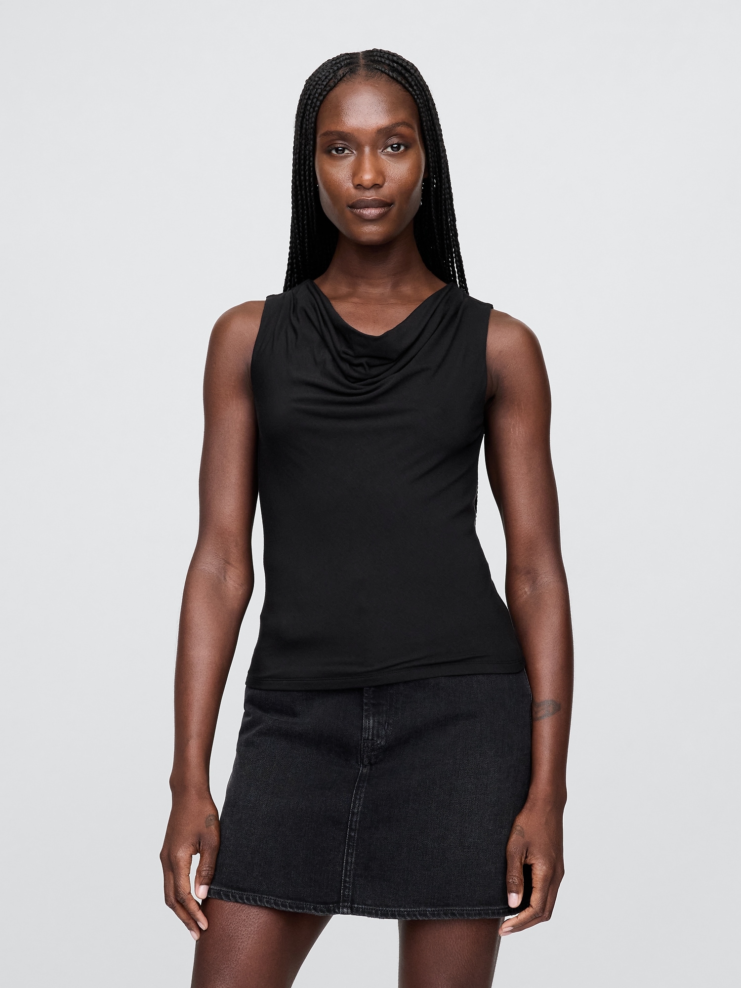 Cropped Cowl-Neck Tank Top - Black