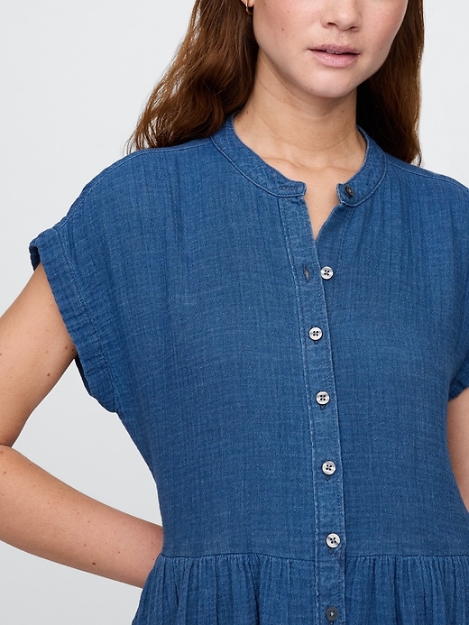 Image number 7 showing, Crinkle Gauze Denim Mini Shirtdress