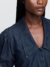 Denim Puff-Sleeve Collared Shirt
