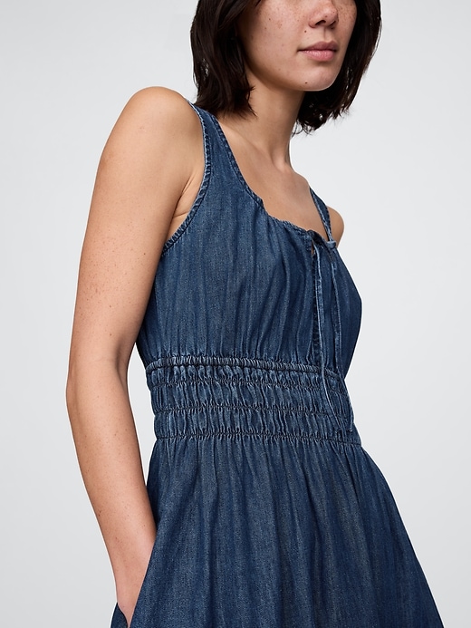 Image number 7 showing, Denim Tie-Front Smocked Waist Mini Dress