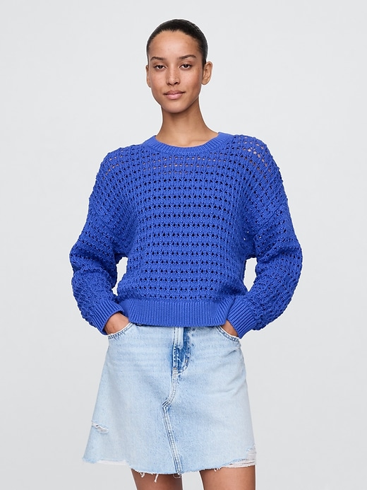 Image number 1 showing, 100% Cotton Crochet Crewneck Sweater