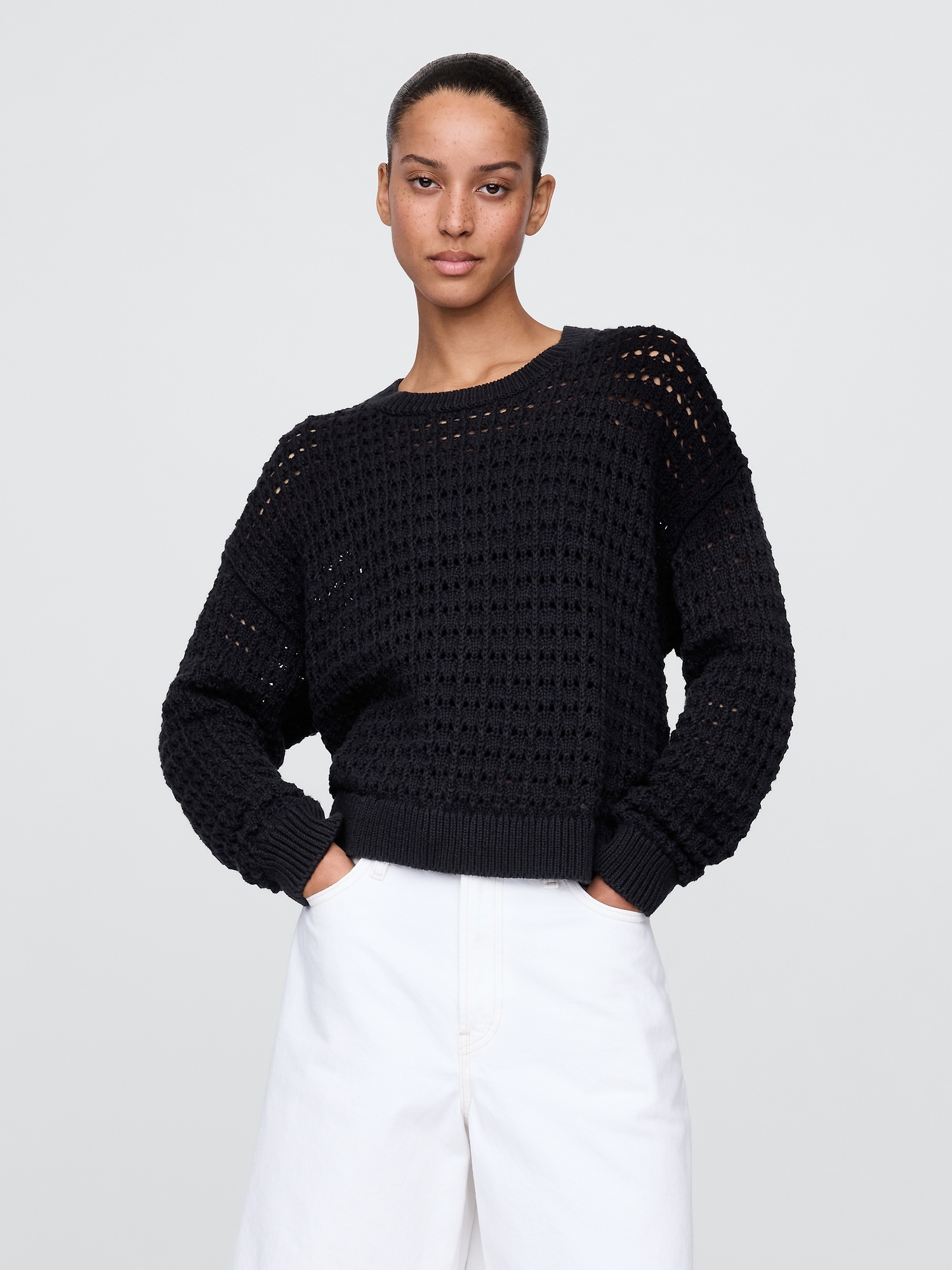 100% Cotton Crochet Crewneck Sweater