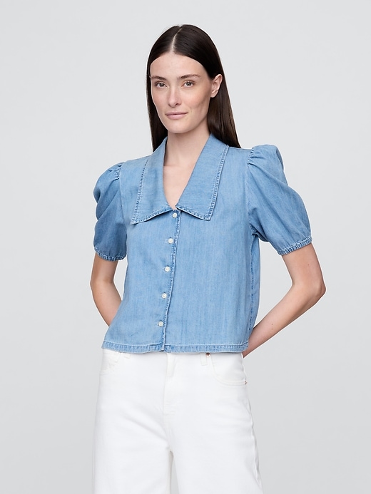Image number 1 showing, Denim Puff-Sleeve Collared Shirt