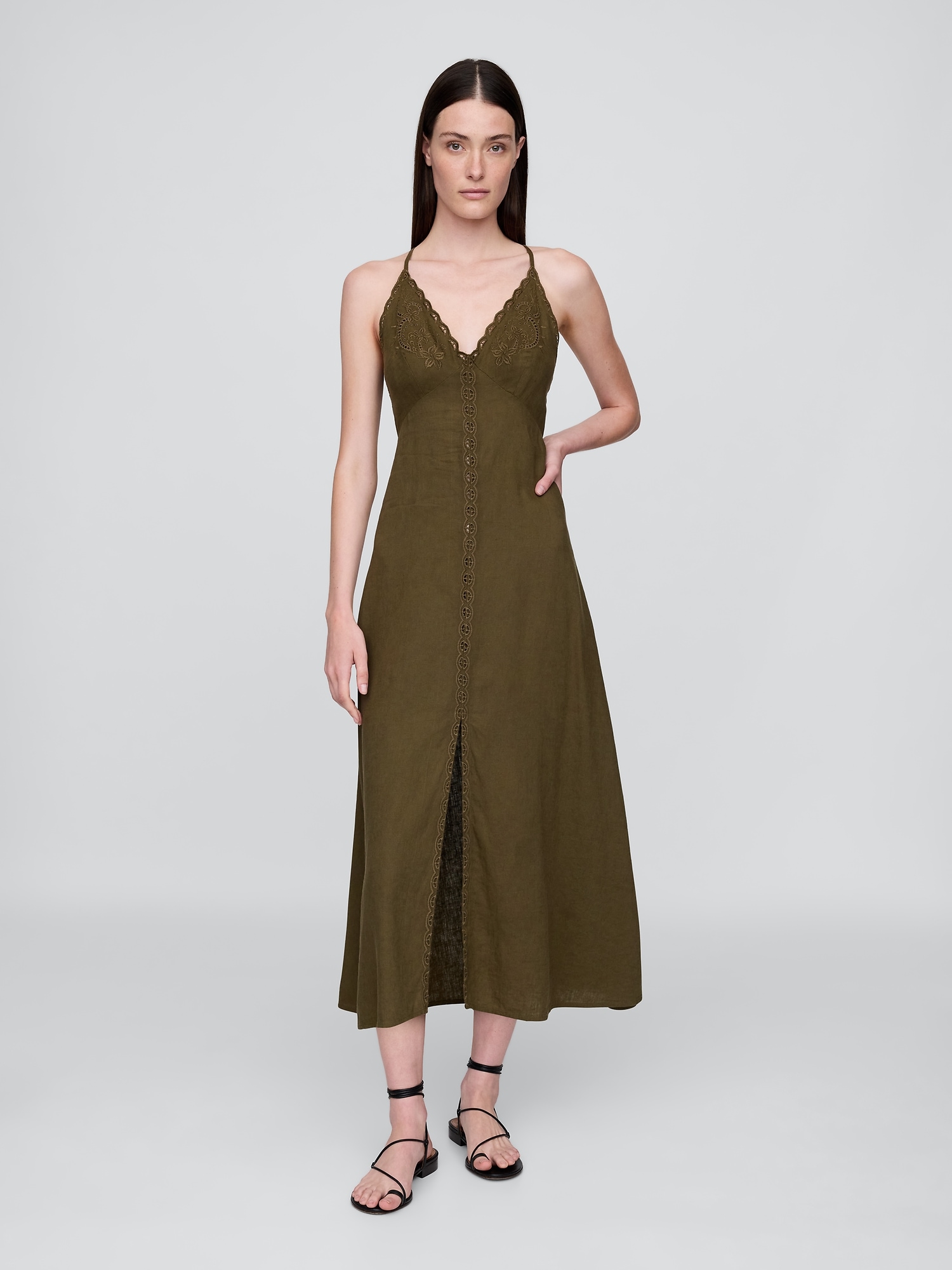 Gap Linen-blend Embroidered Halter Maxi Dress