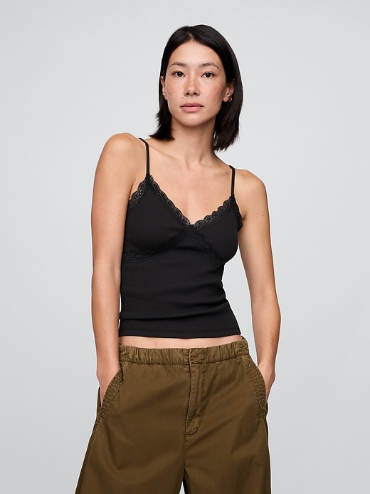 Image number 1 showing, Lace-Trim Waffle-Knit Crop Cami