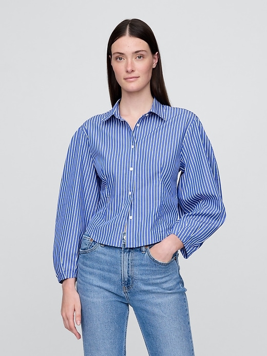 1 of 8 showing, with the color Blue & white stripe of product Organic Cotton Poplin Balloon-Sleeve Shirt