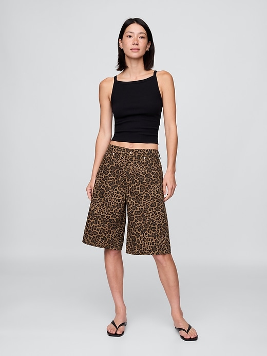 Image number 1 showing, 11" Mid Rise Denim Leopard Longline Shorts